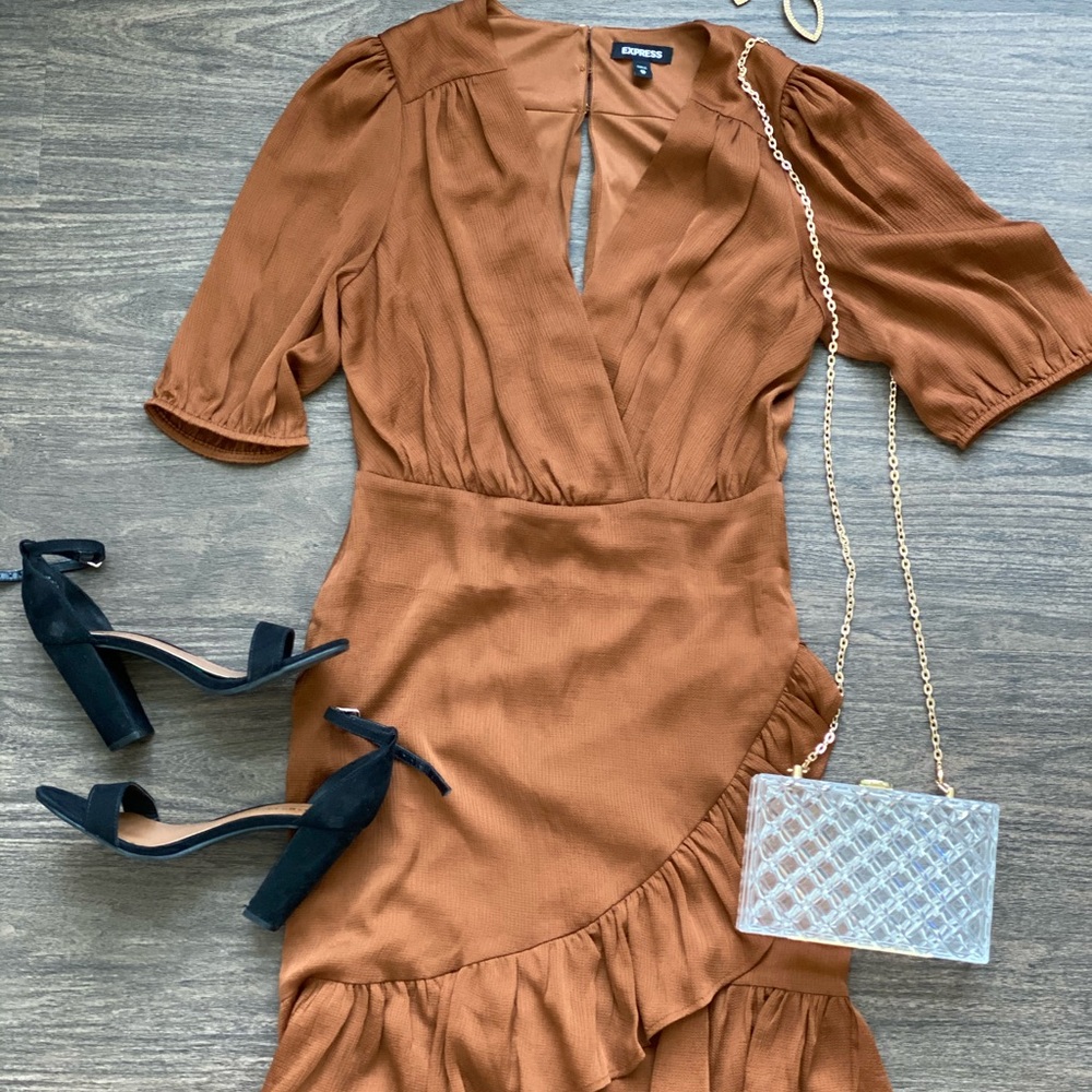 Copper / Rust Express Wrap Ruffle Dress
